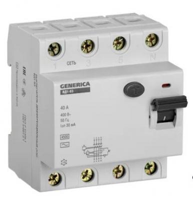 Выключатель дифференциального тока ВД1-63 4Р 40А 30мА GENERICA (MDV15-4-040-030)