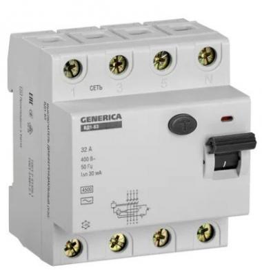 Выключатель дифференциального тока ВД1-63 4Р 32А 30мА GENERICA (MDV15-4-032-030)