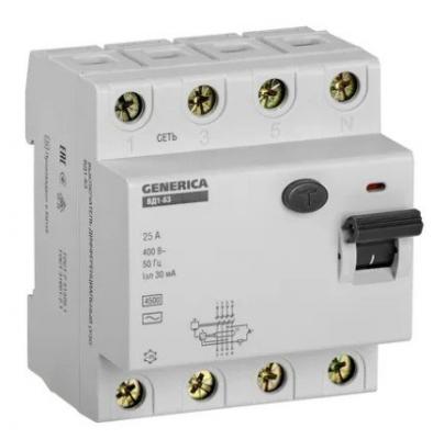 Выключатель дифференциального тока ВД1-63 4Р 25А 30мА GENERICA (MDV15-4-025-030)