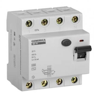 Выключатель дифференциального тока ВД1-63 4Р 50А 30мА GENERICA (MDV15-4-050-030)