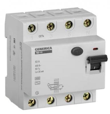 Выключатель дифференциального тока ВД1-63 4Р 63А 30мА GENERICA (MDV15-4-063-030)